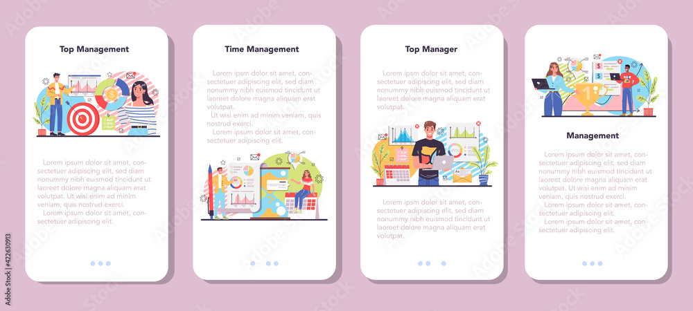 Business top management mobile application banner set. Successful strategy