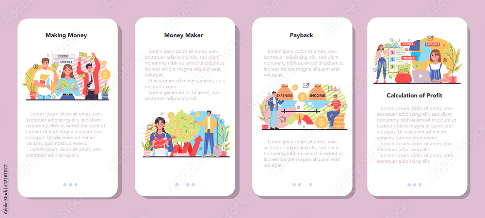 Making money mobile application banner set. Idea of business development Making money mobile application banner set. Idea of business development