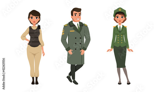 Man and Woman Standing in Military Uniform Vector Set