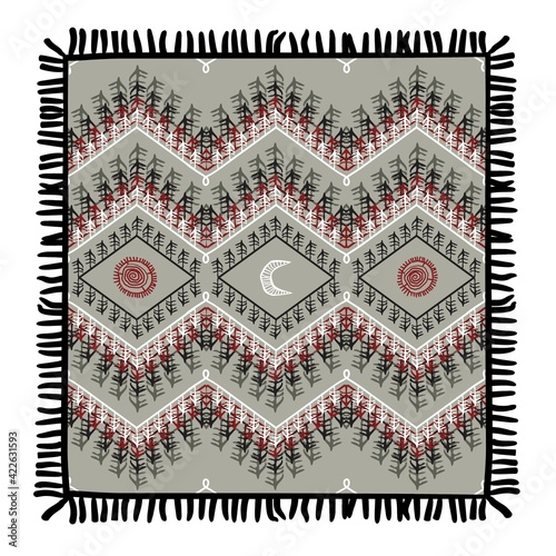Antique carpet with primitive ethnic patterns on a gray background. Stylization for Scandinavian interiors. Vector.