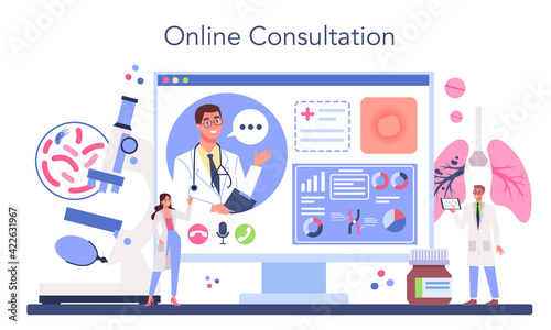 Phthisiatrician online service or platform. Doctor standing at big lungs
