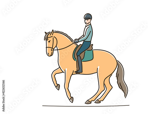 Equestrian athlete riding on a brown horse