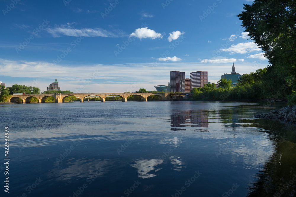Bulkeley Bridge and Hartford skyline on the Connecticut River.