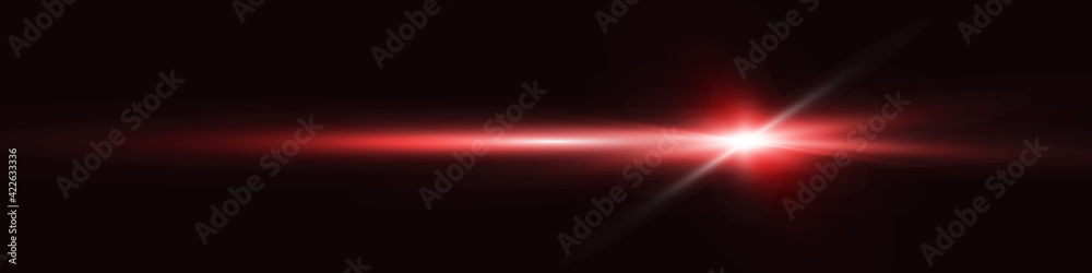 Realistic light glare, highlight.  Beautiful bright lens flares. Lighting effect of flash. Red glitter shining star, glowing spark isolated on black background. Vector abstract background EPS10