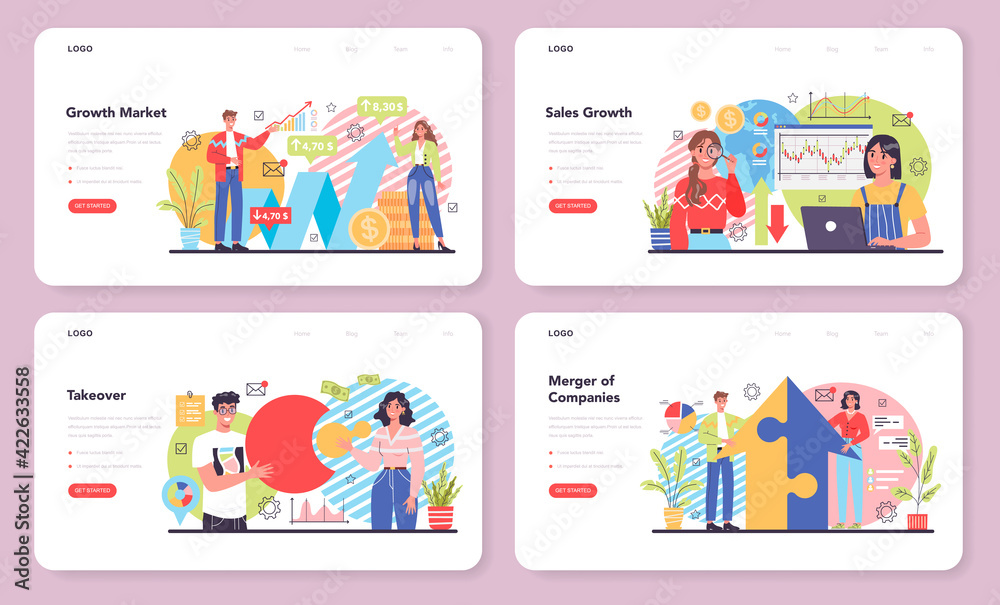 Market growth web banner or landing page set. Business progress. Market growth web banner or landing page set. Business progress.