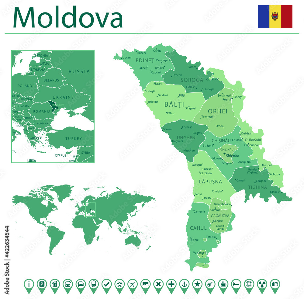 Moldova detailed map and flag. Moldova on world map.