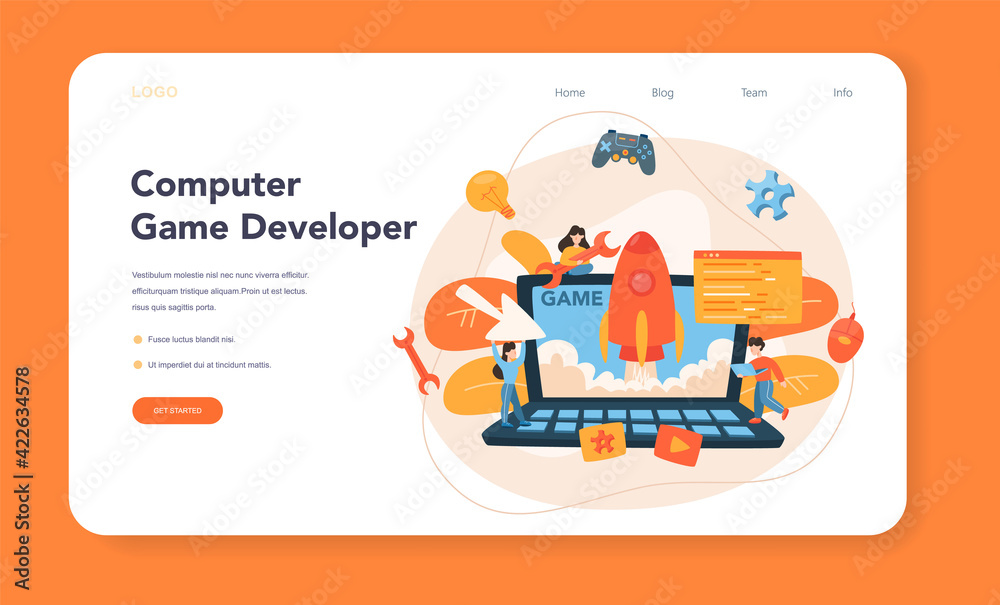 Game development web banner or landing page. Creative process
