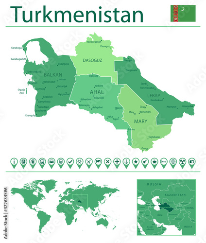 Turkmenistan detailed map and flag. Turkmenistan on world map. photo
