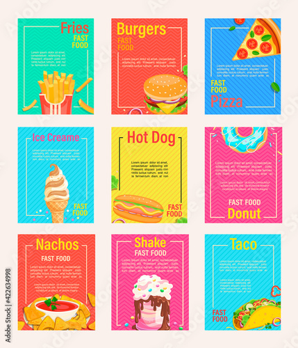 Big set of fast food shop menu pages for cafeteris,restaurant,bistro.Flyers,banners of fries,pizza,hot dog,burger,nachos,taco, donut,shakes and ice cream.Design template for food truck.Takeaway snack.