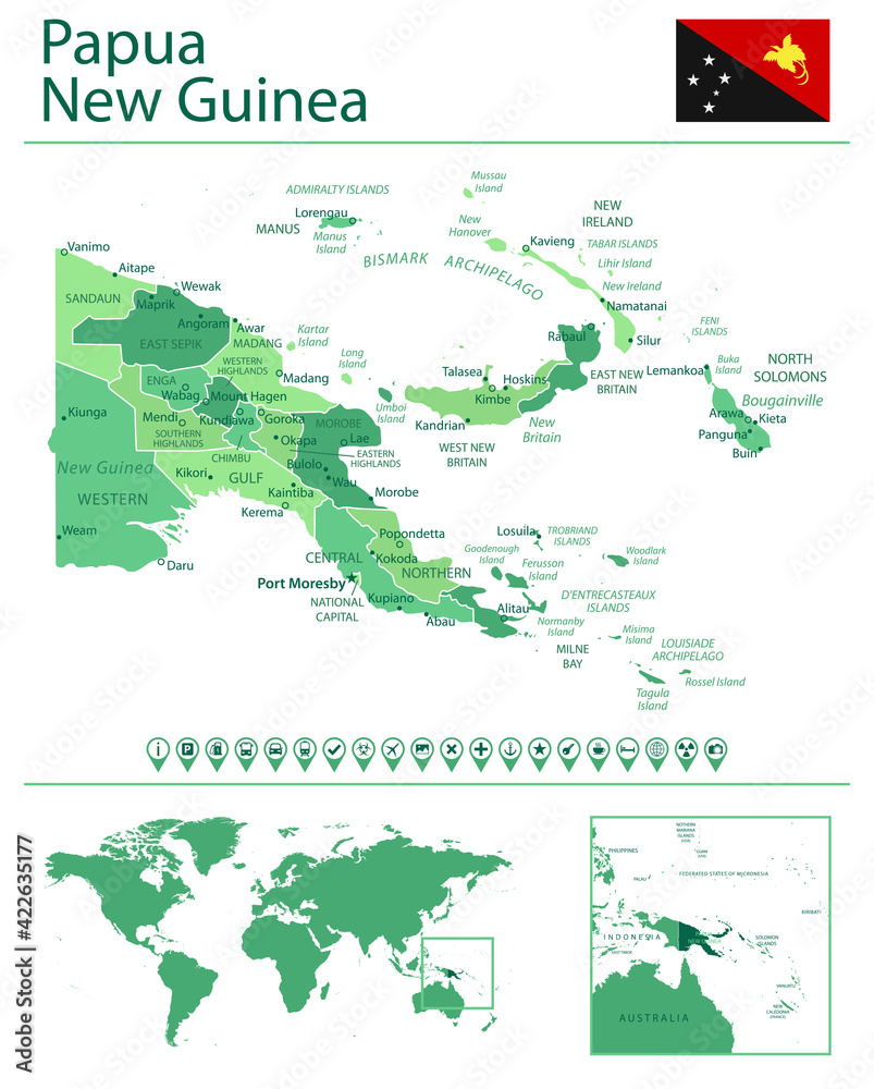 Papua New Guinea detailed map and flag. Papua New Guinea on world map