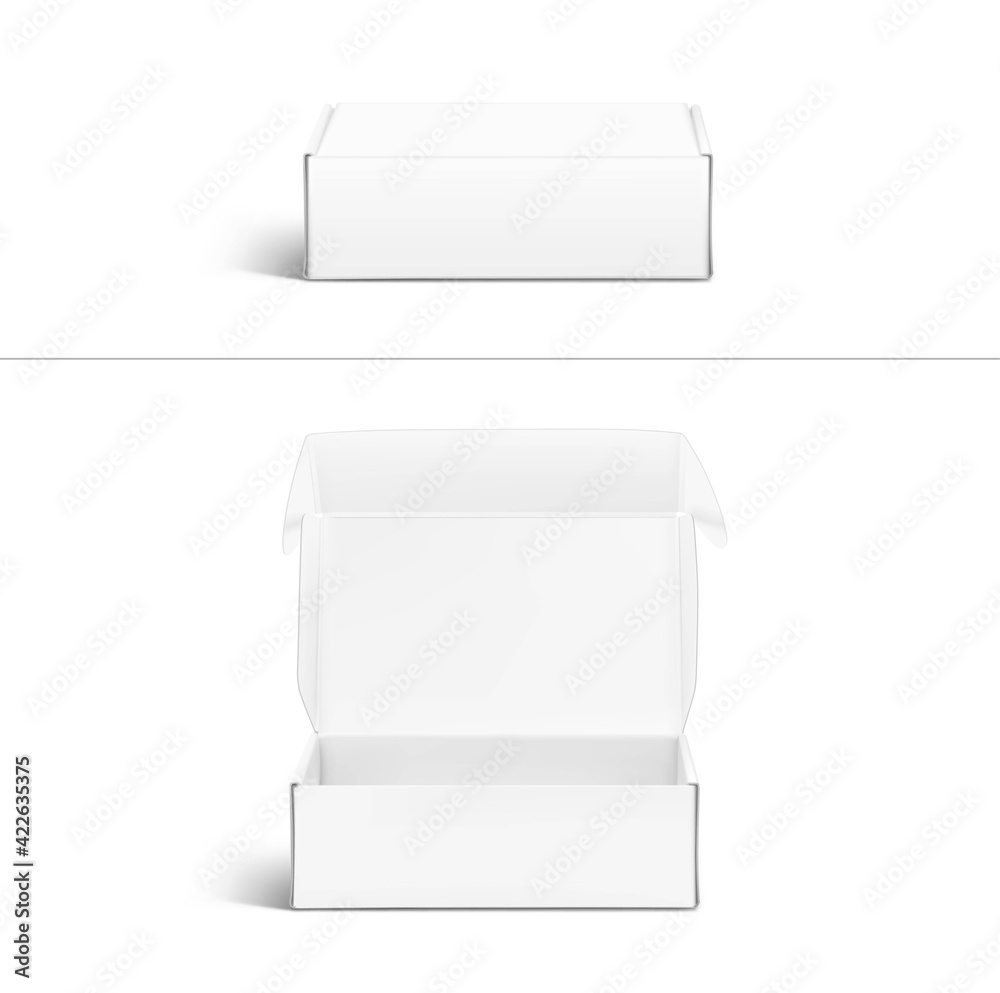 Realistic open box mockup. Open and close view. Ready for presenting your product. Vector illustration isolated on white background. EPS10. Realistic open box mockup. Open and close view. Ready for presenting your product. Vector illustration isolated on white background. EPS10.