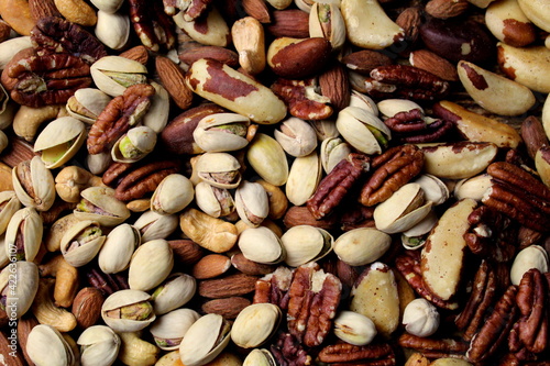 Close-ups of nuts of different varieties and types, a healthy snack.