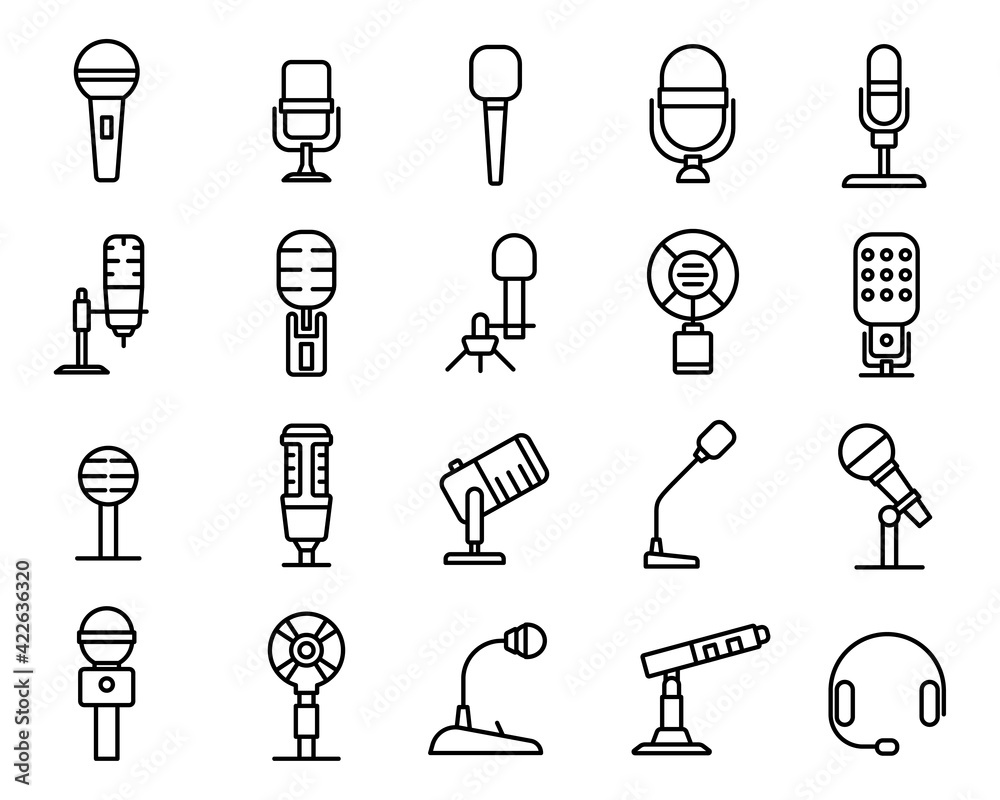 Microphone linear icons set. Microphone linear icons set.