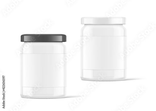 Black and white glass jar mockup isolated on white background. Vector illustration. Front view. Сan be used for food, cosmetic and other needs. EPS10
