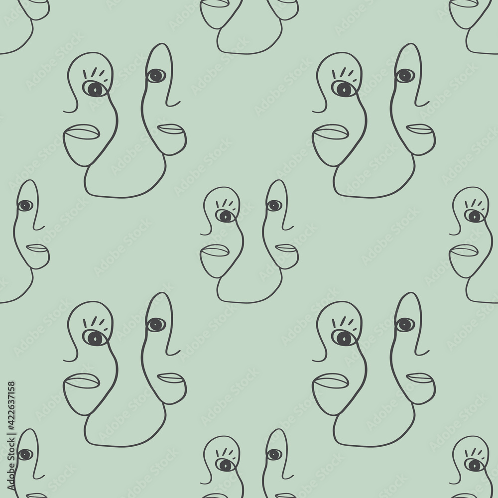 Seamless pattern, contour line, fantasy faces of a man and a woman, profile,
plain background.