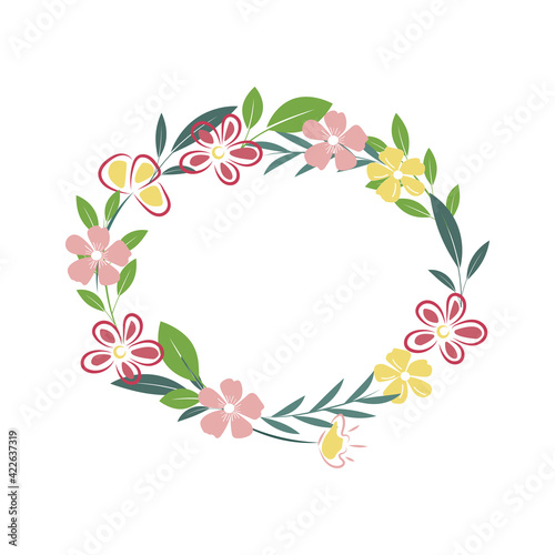 A frame of pink and yellow flowers and green branches, isolated on a white background. Vector illustration