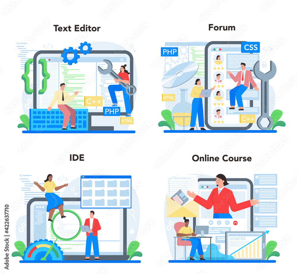 Software developer online service or platform set. Idea of programming Software developer online service or platform set. Idea of programming