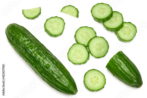cucumber with slices isolated on white background. clipping path. top view