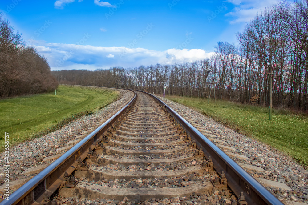 Fototapeta premium Railway, train tracks in early spring, sunny cloudy day, leafless trees and green grass