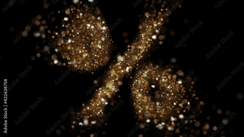Gold glitter percent symbol fly into camera. Golden glitter alphabet symbol reveals on black background. Gold glitter percent symbol fly into camera. Golden glitter alphabet symbol reveals on black background.