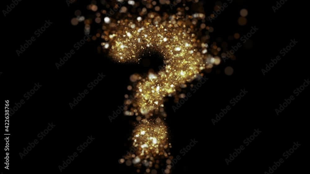 Gold glitter question mark symbol fly into camera. Golden glitter