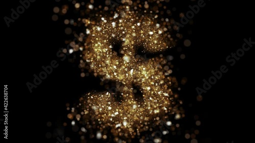 Gold glitter dollar symbol fly into camera. Golden glitter alphabet symbol reveals on black background.