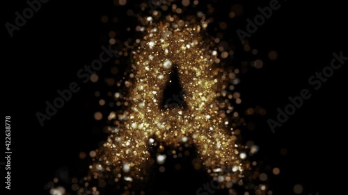 Gold glitter letter A fly into camera. Golden glitter alphabet symbol reveals on black background.
