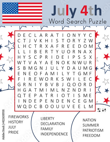 Independence Day (4th July) word search puzzle for learning English words. Holiday crossword. Logic game. Patriotism theme. Suitable for social media post. Printable worksheet. Vector illustration.
