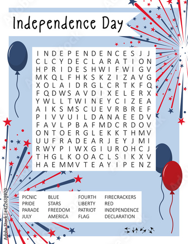 Independence Day (4th July) word search puzzle for learning English words. Holiday crossword. Logic game. Patriotism theme. Suitable for social media post. Printable worksheet. Vector illustration.