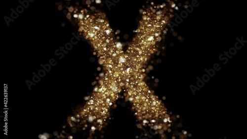 Gold glitter letter X fly into camera. Golden glitter alphabet symbol reveals on black background.