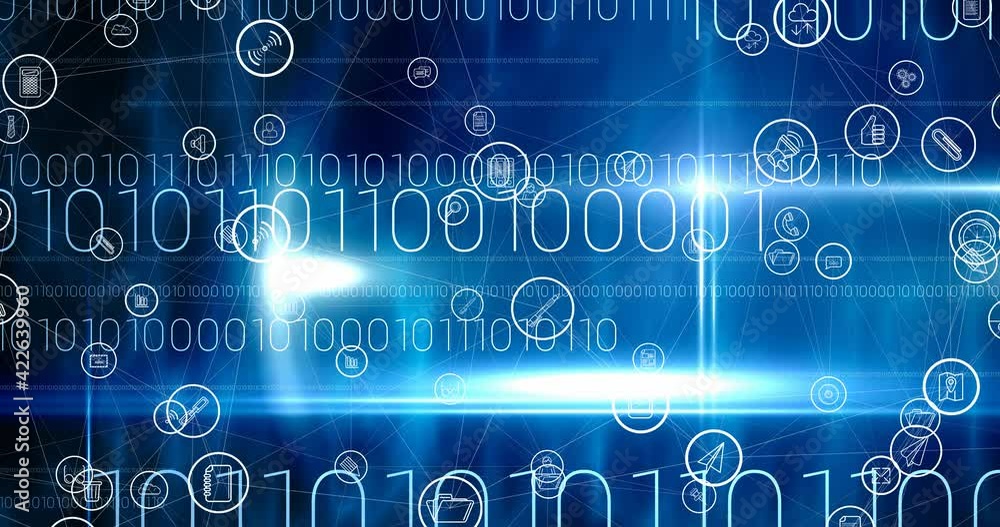 Animation of network of connections with digital icons over binary coding in background