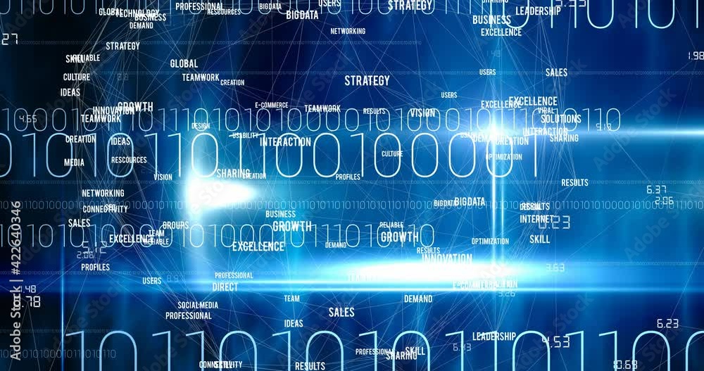 Animation of network of connections with digital words over binary coding in background Animation of network of connections with digital words over binary coding in background