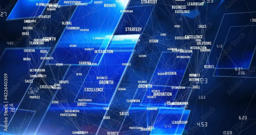 Animation of network of connections with digital words Animation of network of connections with digital words