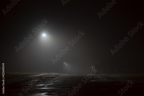 City at night with lanterns  light. Road in the fog.