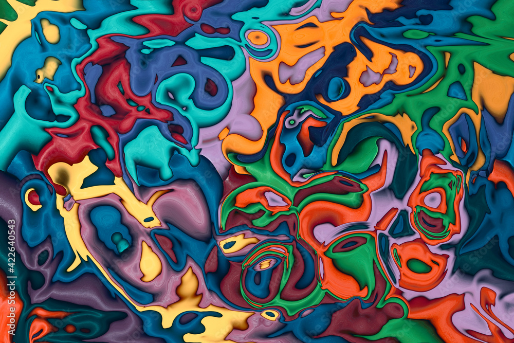 Distorted liquify colourful background. Vibrant saturated swirls and patterns