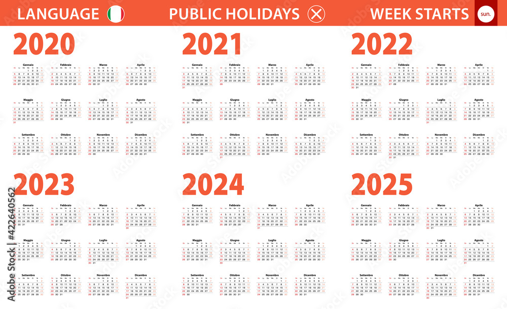 2020-2025 year calendar in Italian language, week starts from Sunday
