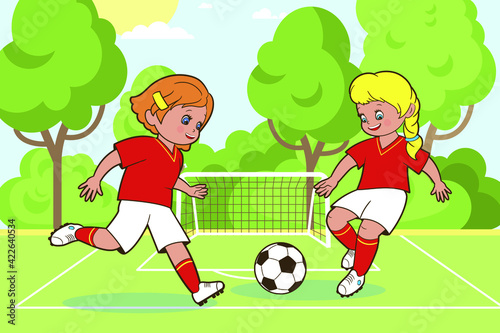 Teenage girls play soccer by kicking the ball on the soccer field. Vector illustration in cartoon style, isolated black and white line art