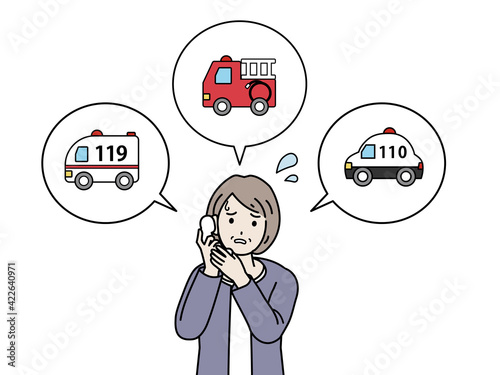 緊急の電話をかける　年配の女性　110番　119番　緊急車両　イラスト素材