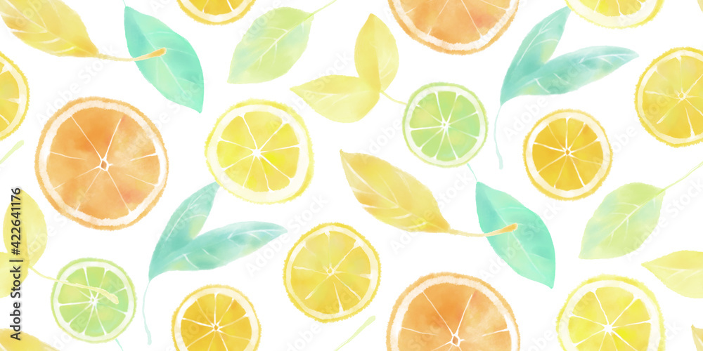 Seamless pattern of hand drawn watercolor citrus fruit and leaf set, endless illustration of lemon, lime and orange slices. Aquarelle sketch of summer food collection, isolated on white background