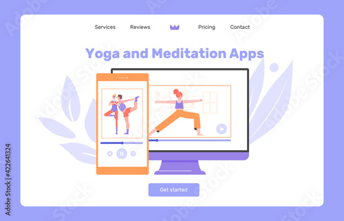 Yoga and meditation app. Mental health, sports, couple exercises. Smartphone and computer monitor with characters. Landing page concept. Vector flat illustration.