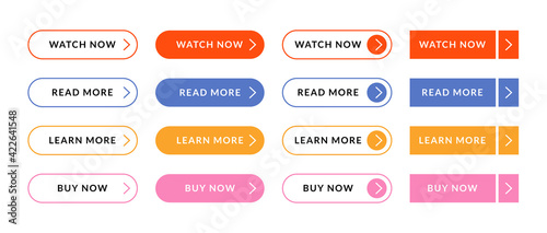 Web UI buttons set. Flat internet oval shapes, navigation graphic, colored pointers, read, learn more links, vector art