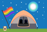 silhouette people inside tent with rainbow flag and dog under the shining moon and starry sky,vector illustration