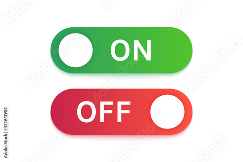 Turn on and turn off buttons in green and red colors. User interface mobile swith bar. Operating toggle panel in vector