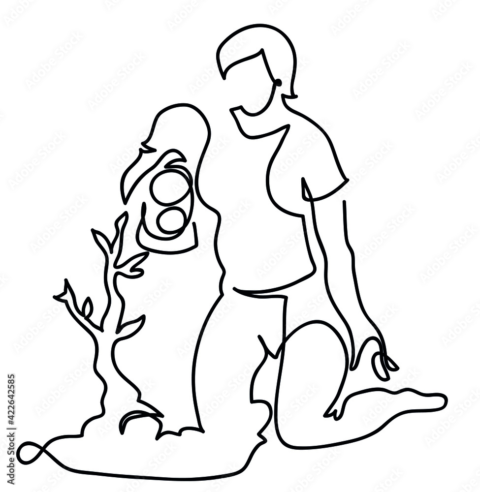 Fototapeta premium One line drawing of woman volunteer pouring water to a tree. One continuous line drawing of woman watering tree.