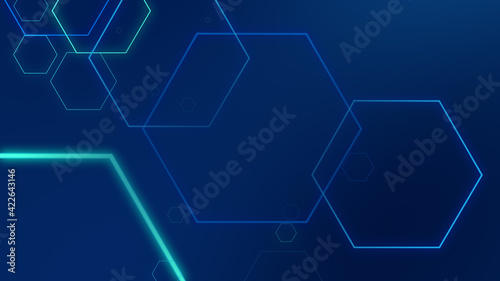 Hexagon geometric blue neon lights technology Hi-tech dark background. Abstract graphic digital future science concept design.