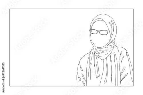 Line art of muslim woman with hijab isolated in white background. Minimalist concept