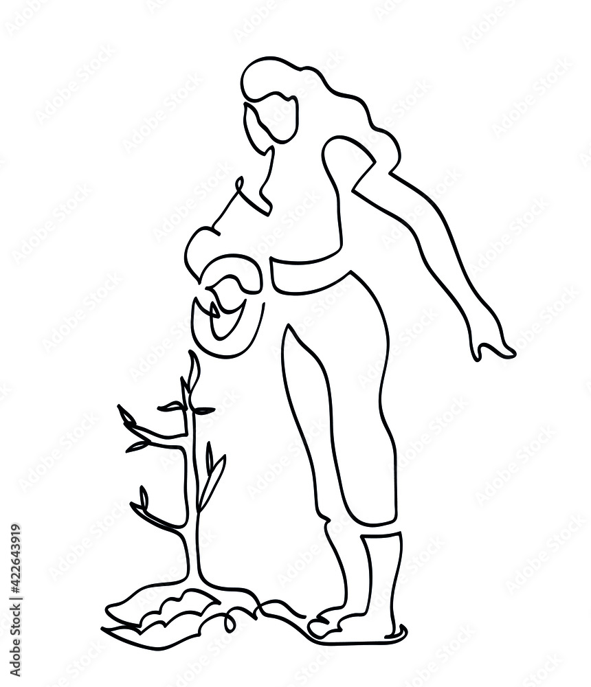 Obraz premium One line drawing of woman volunteer pouring water to a tree. One continuous line drawing of woman watering tree.