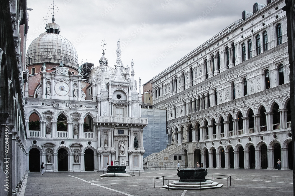 Palazzo Ducale or the Doge's Palace in Venice Italy on a gray, overcast afternoon.