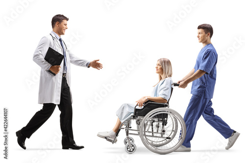 Full length profile shot of a doctor greeting a young woman patient in a wheelchair and a male nurse