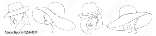 Modern one line art woman in a hat collection.